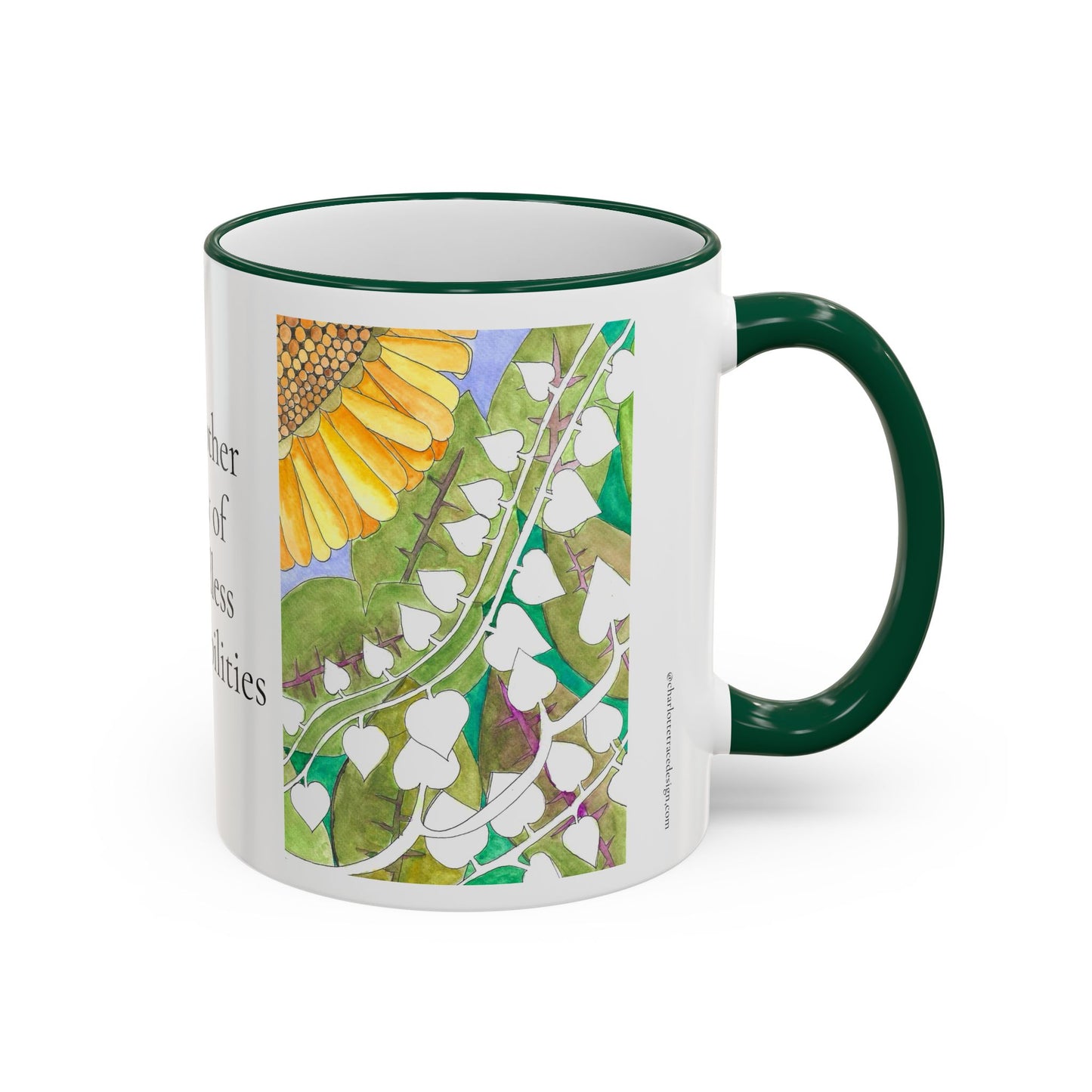 Inspirational Sunflower Accent Rim Mug — "Another day of endless possibilities" 11oz