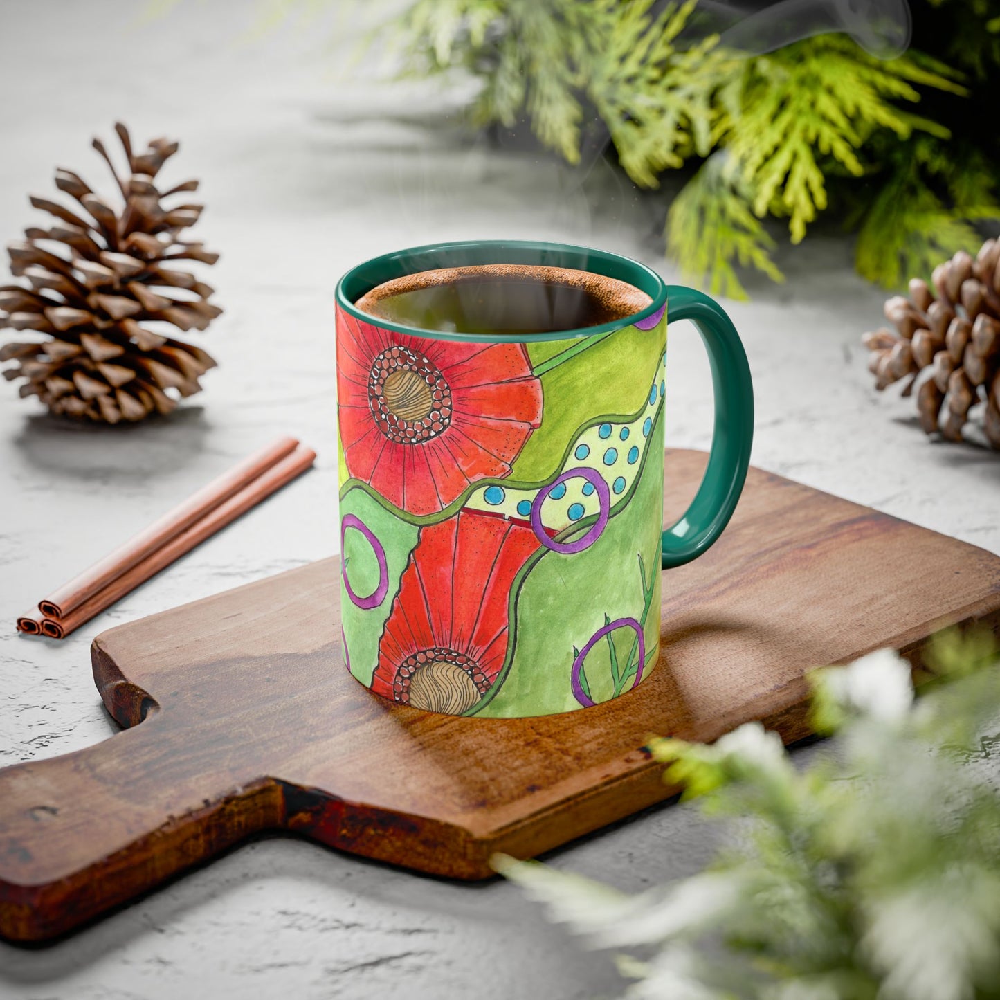 Floral Pop Art Mug — Bright Red Poppies on Green Background 11oz