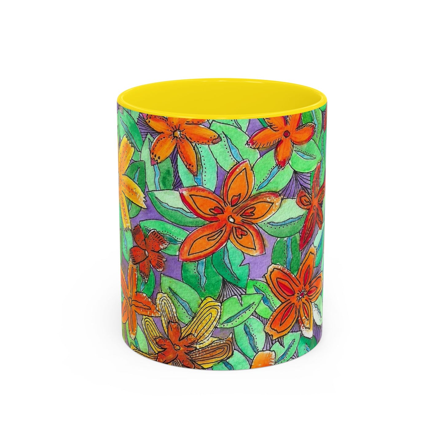 Floral Burst Accent Coffee Mug — Orange & Green Hand-Drawn Flower Design (11 oz)