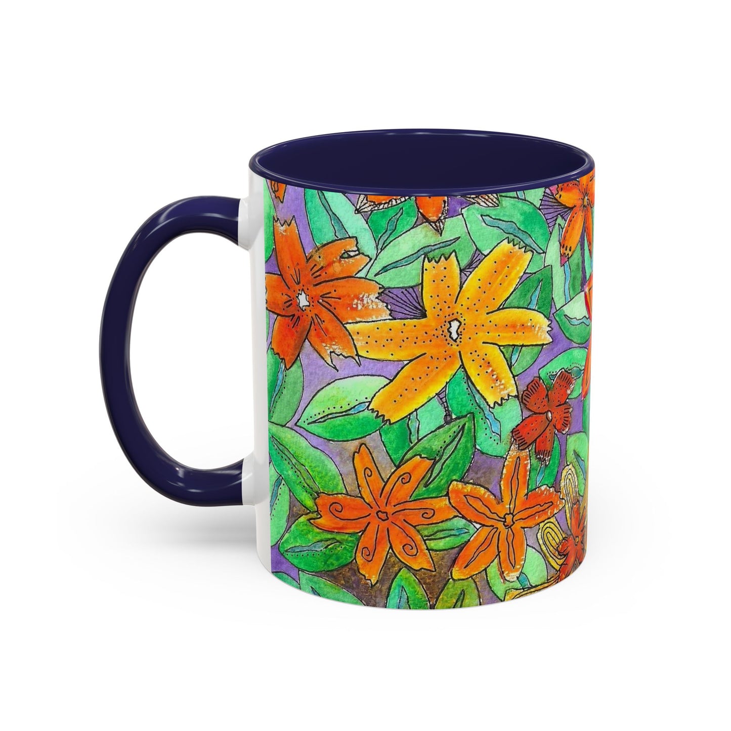 Floral Burst Accent Coffee Mug — Orange & Green Hand-Drawn Flower Design (11 oz)