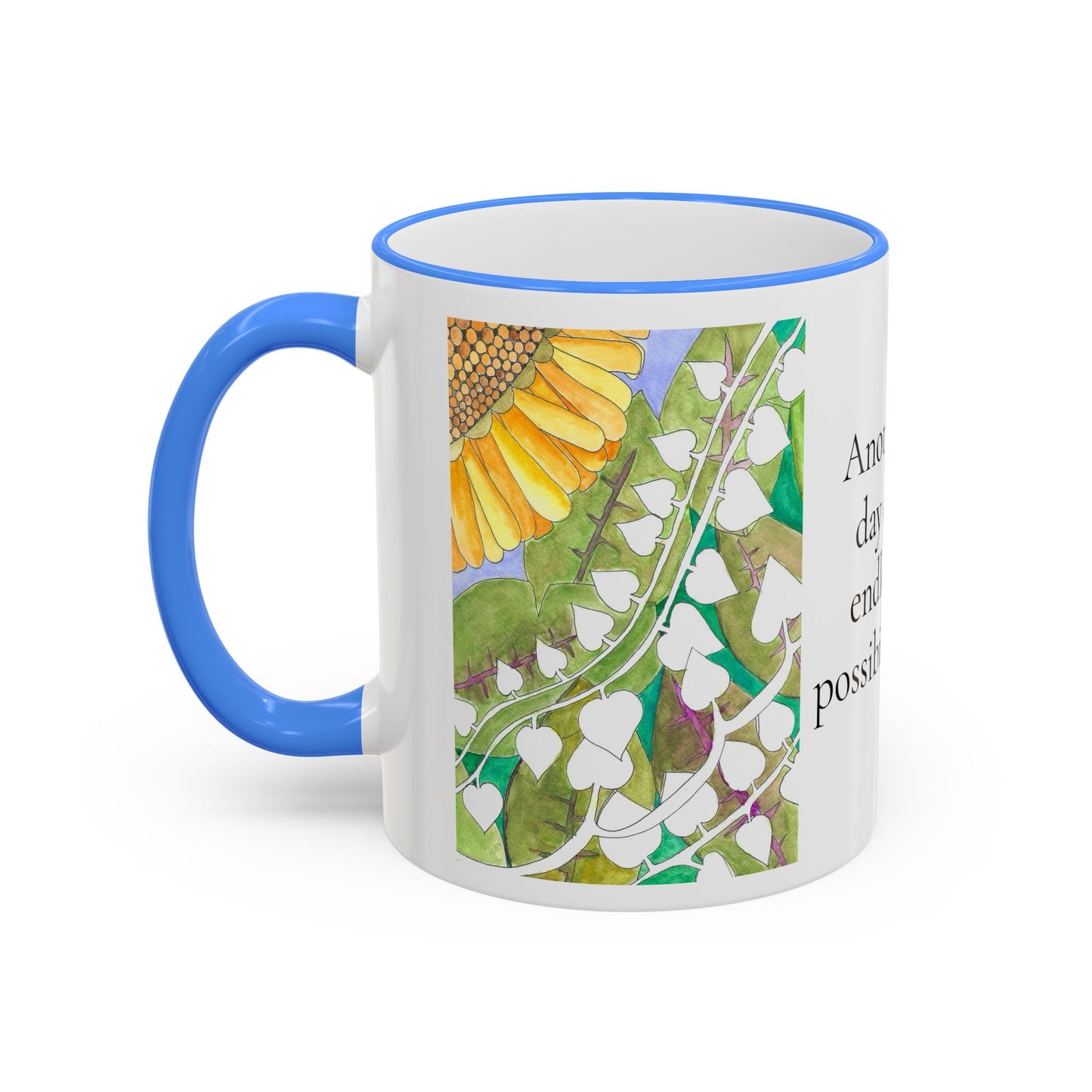 Inspirational Sunflower Accent Rim Mug — "Another day of endless possibilities" 11oz