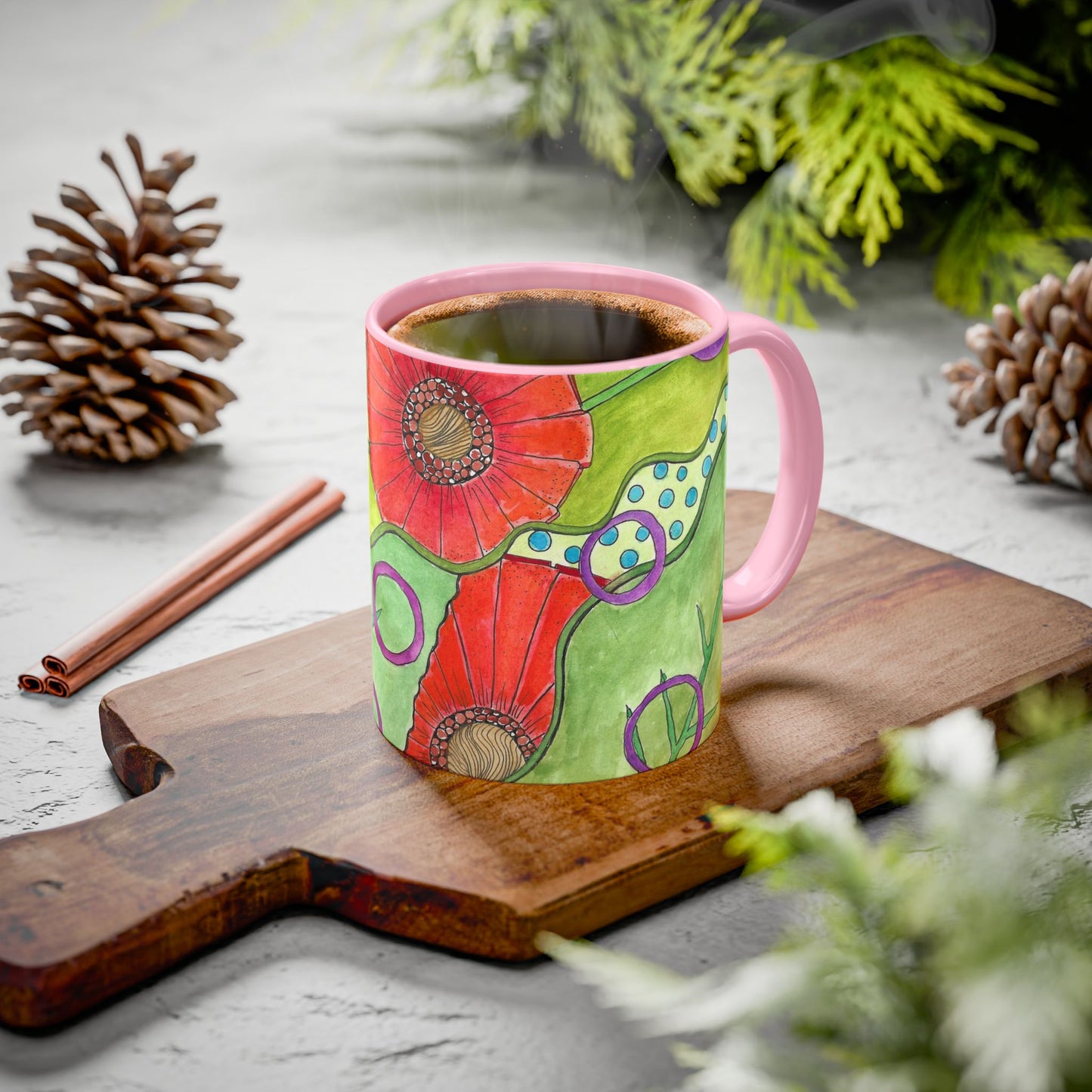 Floral Pop Art Mug — Bright Red Poppies on Green Background 11oz