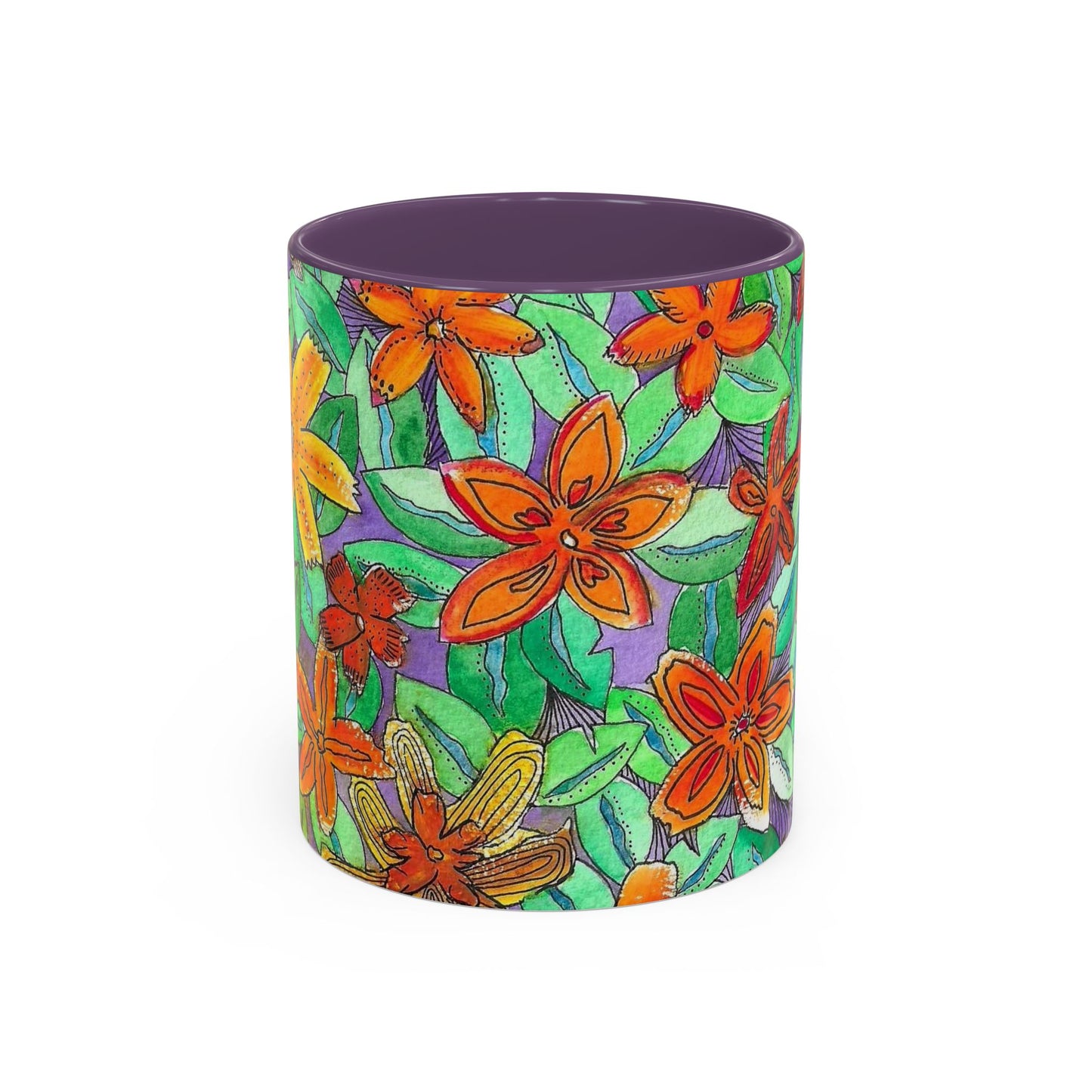 Floral Burst Accent Coffee Mug — Orange & Green Hand-Drawn Flower Design (11 oz)